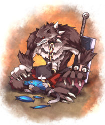 Rule 34 | animal, atroce, belt, black belt, bow, bracelet, cat, chain, cleaver, clenched teeth, closed eyes, closed mouth, collar, commentary request, emon-yu, fish, full body, furry, furry male, holding, holding animal, holding fish, indian style, jewelry, orange background, ragnarok online, red bow, red eyes, red shorts, scar, scar across eye, scar on face, sharp teeth, shorts, sitting, spiked bracelet, spiked collar, spikes, teeth, topless male, torn clothes, torn shorts, white background, wildrose, wolf