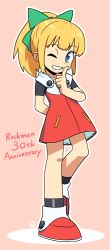Rule 34 | 1girl, ;d, anniversary, black socks, blonde hair, blue eyes, blunt bangs, blush, bow, commentary request, dress, english text, finger to mouth, frilled dress, frills, full body, green bow, hair bow, index finger raised, long hair, mega man (classic), mega man (series), mega man 11, muu (mumumer), one eye closed, open mouth, outline, pink background, ponytail, red dress, red footwear, roll (mega man), shoes, short sleeves, sidelocks, simple background, smile, socks, solo, standing, teeth, white outline