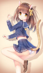 Rule 34 | 1girl, animal ears, arm up, beige background, blue sailor collar, blue serafuku, blue shirt, blue skirt, blunt bangs, blush, bow, brown background, brown eyes, brown footwear, brown hair, cat ears, cat girl, cat tail, closed mouth, commentary request, fake animal ears, gradient background, hair bow, head tilt, heart, heart-shaped pupils, highres, loafers, long hair, long sleeves, looking at viewer, looking to the side, no socks, original, panties, pleated skirt, sailor collar, school uniform, serafuku, shirt, shoes, skirt, smile, solo, standing, standing on one leg, symbol-shaped pupils, tail, tail raised, umitonakai, underwear, white panties, yellow bow