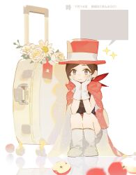Rule 34 | 1girl, ace attorney, aged down, apple, belt, black dress, blank speech bubble, blush, brown hair, cape, child, dadaonee, dress, flower, food, fruit, grey eyes, hands on own chin, hands on own face, hat, head rest, highres, red apple, red belt, red cape, red hat, red scarf, rolling suitcase, scarf, smile, solo, sparkle, speech bubble, split mouth, squatting, suitcase, swept bangs, top hat, trucy wright, white flower, white footwear