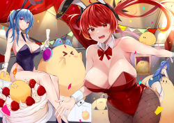 Rule 34 | &gt; &lt;, 3girls, absurdres, alternate costume, animal ears, ass, azur lane, bare arms, bare legs, bare shoulders, between breasts, black leotard, black necktie, blue hair, blue leotard, bow, bowtie, breasts, cake, cleavage, collarbone, commentary request, detached collar, fake animal ears, fake tail, fishnet pantyhose, fishnets, food, helena (azur lane), highres, honolulu (azur lane), indoors, irohara, large breasts, leotard, long hair, looking at viewer, manjuu (azur lane), multiple girls, necktie, necktie between breasts, pantyhose, picture frame, playboy bunny, purple eyes, rabbit ears, rabbit tail, red bow, red bowtie, red eyes, red hair, red leotard, side ponytail, sitting, smile, st. louis (azur lane), strapless, strapless leotard, string of flags, tail, thighs, very long hair, wrist cuffs