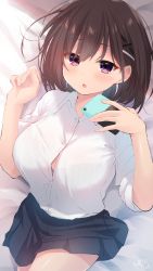 Rule 34 | 1girl, :o, bad id, bad pixiv id, bed sheet, black skirt, blush, breasts, brown hair, button gap, cellphone, childhood friend-chan (ramchi), collared shirt, commentary request, dress shirt, from above, hair ornament, hairclip, highres, holding, holding phone, large breasts, looking at viewer, lying, miniskirt, on back, on bed, open mouth, original, phone, pleated skirt, purple eyes, ramchi, shirt, short hair, skirt, sleeves pushed up, smartphone, solo, wing collar, x hair ornament
