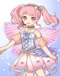 Rule 34 | 1girl, :d, bad id, bad twitter id, bang dream!, bare shoulders, blush, commentary request, cowboy shot, detached sleeves, fairy wings, flower, hair flower, hair ornament, hairband, looking at viewer, maruyama aya, microphone, open mouth, pink eyes, pink hair, pink skirt, pleated skirt, sasa kichi, skirt, smile, solo, twintails, wings