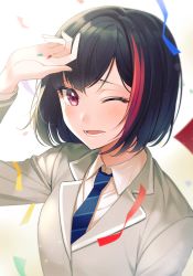 Rule 34 | 1girl, bang dream!, black hair, blazer, blue necktie, blush, collared shirt, commentary, confetti, grey jacket, hand to forehead, haneoka school uniform, jacket, long sleeves, looking at viewer, minori (faddy), mitake ran, necktie, one eye closed, open mouth, purple eyes, red hair, school uniform, shirt, short hair, solo, striped necktie, striped neckwear, symbol-only commentary, upper body, white shirt