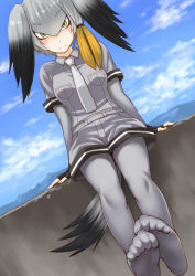 Rule 34 | 10s, 1girl, arms at sides, black gloves, black hair, blue sky, blush, breast pocket, breasts, cliff, closed mouth, collared shirt, day, dutch angle, elbow gloves, feet, feet together, fingerless gloves, gloves, grey hair, grey necktie, grey pantyhose, grey shirt, grey shorts, hair between eyes, head wings, kemono friends, kokuriu, legs together, looking at viewer, medium breasts, multicolored hair, necktie, no shoes, outdoors, pantyhose, pocket, serious, shirt, shoebill (kemono friends), short sleeves, shorts, sky, sleeve cuffs, soles, solo, tail, toe scrunch, toes, twintails, two-tone hair, wing collar, wings, yellow eyes