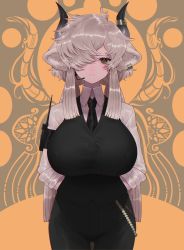 1girl, absurdres, alternate breast size, alternate costume, animal ears, armband, arms behind back, bangs, black horns, black neckwear, black pants, black vest, breasts, brown eyes, buttons, closed mouth, collared shirt, cowboy shot, earrings, expressionless, extra ears, formal, grey hair, grey horns, hair over one eye, headset, highres, horn ornament, horns, huge breasts, impossible clothes, impossible vest, jewelry, kemono friends, kemono friends 3, long hair, looking at viewer, multicolored horns, necktie, notora, ox ears, ox girl, ox horns, pants, parted bangs, shiny, shiny hair, shirt, sidelocks, sleeves rolled up, solo, suit, twintails, very long hair, vest, white shirt, wing collar, yak (kemono friends)