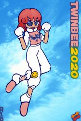 Rule 34 | 1girl, :d, ancodia10, baggy pants, blue eyes, english text, highres, konami, open mouth, pants, pastel (twinbee), photo background, pink shirt, red hair, shirt, sky, smile, tagme, twinbee (series)