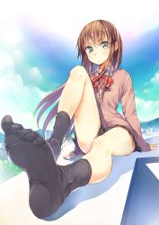 Rule 34 | 1girl, arm support, bad id, bad pixiv id, black socks, blue sky, blush, bow, bowtie, brown hair, cardigan, day, feet, female focus, full body, long hair, long sleeves, looking at viewer, md5 mismatch, miniskirt, no shoes, original, outdoors, school uniform, shadow, sitting, skirt, sky, sleeves past wrists, socks, soles, solo, striped bow, striped bowtie, striped clothes, striped neckwear, sweater vest, toes, umeboshitora, very long hair