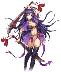 Rule 34 | 1girl, ahoge, arm up, black bra, black thighhighs, bra, breasts, capelet, cleavage, dian wei (tokimeki general girls x), dual wielding, floating hair, game cg, holding, holding sword, holding weapon, long hair, looking at viewer, medium breasts, official art, panties, purple capelet, purple hair, shiny clothes, shiny legwear, shiny skin, solo, standing, sword, thighhighs, tokimeki general girls x, transparent background, underwear, very long hair, weapon, white panties