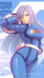 1girl belt blue_background breasts character_name cowboy_shot earrings gundam gundam_zz helmet jewelry long_hair looking_at_viewer medium_breasts pilot_suit purple_eyes purple_hair roux_louka serike_w signature smile solo star_(symbol) star_print watermark white_background