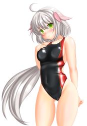 Rule 34 | 1girl, absurdres, ahoge, black legwear, black one-piece swimsuit, breasts, commentary request, competition swimsuit, flower knight girl, gluteal fold, green eyes, grey hair, hair ornament, head tilt, highres, long hair, medium breasts, one-piece swimsuit, piko hiroshi, serruria (flower knight girl), simple background, solo, standing, swimsuit, white background
