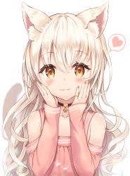 Rule 34 | 1girl, :3, animal ear fluff, animal ears, bare shoulders, bell, brown eyes, cat ears, cat girl, cat tail, child, choker, closed mouth, collarbone, hands on own cheeks, hands on own face, hands up, heart, highres, jingle bell, long hair, long sleeves, looking at viewer, neck bell, original, pink shirt, sakura ani, shirt, simple background, smile, solo, spoken heart, tail, upper body, wavy hair, white background, white hair