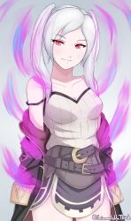 Rule 34 | 1girl, aura, bare shoulders, belt, breasts, cleavage, dark aura, fire emblem, fire emblem awakening, fire emblem heroes, grima (fire emblem), grimmelsdathird, highres, long hair, long sleeves, looking at viewer, medium breasts, nintendo, parted lips, red eyes, robin (female) (fire emblem), robin (fire emblem), simple background, smile, solo, standing, strap slip, twintails, twitter username, white hair