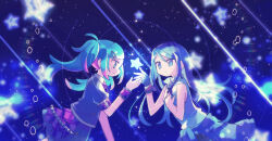 Rule 34 | 2girls, air bubble, black gloves, black shirt, blue eyes, blue hair, bubble, character request, check character, closed mouth, collared shirt, commentary request, cowboy shot, fingerless gloves, gloves, hatsune miku, highres, hoshino ichika (project sekai), leo/need miku, long hair, looking at another, multicolored hair, multiple girls, pink hair, profile, project sekai, red skirt, shirt, sidelocks, skirt, sleeveless, sleeveless shirt, smile, standing, streaked hair, t705gp, twintails, white shirt