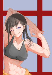 Rule 34 | 1girl, ;), abs, armpits, black hair, blush, breasts, cleavage, en&#039;en no shouboutai, highres, large breasts, maki oze, midriff, muscle, muscular, muscular female, navel, one eye closed, ponytail, purple eyes, smile, sports bra, stomach, stretching, toned