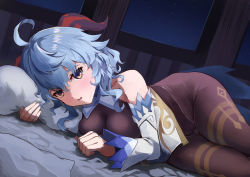 Rule 34 | absurdres, ahoge, bare shoulders, bed, blue hair, blush, bodystocking, breasts, dekubaba, detached sleeves, ganyu (genshin impact), genshin impact, gold trim, highres, horns, indoors, leotard, leotard under clothes, looking at viewer, lying, night, no gloves, on bed, on side, pillow, purple eyes, solo, white sleeves