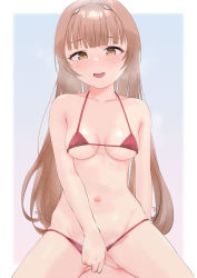 Rule 34 | 1girl, bikini, bikini pull, blunt bangs, blush, breasts, breath, brown eyes, brown hair, clothes pull, commentary request, helena (kancolle), highres, kantai collection, long hair, looking at viewer, medium breasts, micro bikini, parted lips, red bikini, sakieko, simple background, solo, swimsuit, very long hair
