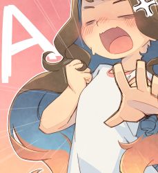 Rule 34 | 1girl, anger vein, angry, blush, breast conscious, brown hair, clenched hand, commentary request, emphasis lines, enuma (uma-festival), flat chest, gradient background, hand up, highres, idolmaster, idolmaster cinderella girls, kusakabe wakaba, long hair, open mouth, outstretched hand, pink background, shirt, short sleeves, solo, surprised, t-shirt, tagme, upper body, wavy hair, white shirt