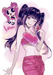 Rule 34 | 1girl, animification, black hair, butterfly hair ornament, cartoonized, character name, collarbone, crop top, get up (newjeans), hair behind ear, hair ornament, hanni (newjeans), heart, highres, jewelry, k-pop, long hair, looking at viewer, midriff, navel, newjeans, one eye closed, pants, parted lips, pink hair, pink nails, pink pants, powerpuff girls, real life, remon (10112), ring, smile, solo focus, toon (style), twintails, very long hair