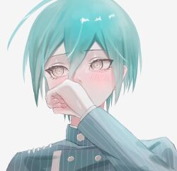 Rule 34 | 1boy, ahoge, black jacket, blush, brown eyes, buttons, covering own mouth, danganronpa (series), danganronpa v3: killing harmony, double-breasted, green hair, hand over own mouth, hand up, highres, jacket, long sleeves, looking to the side, portrait, saihara shuichi, sideways glance, simple background, solo, striped clothes, striped jacket, tabun wan paku shonen, white background