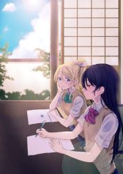 Rule 34 | 2girls, arm support, ayase eli, blue hair, bow, bowtie, elbows on table, green neckwear, head rest, highres, indoors, long hair, looking at another, love live!, love live! school idol project, multiple girls, otonokizaka school uniform, paper, pen, ponytail, red neckwear, school uniform, scrunchie, shirt, short sleeves, signature, sitting, sonoda umi, striped bow, striped bowtie, striped clothes, striped neckwear, suito, table, vest, white scrunchie, white shirt, yellow eyes
