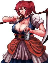 Rule 34 | 1girl, beer can, breasts, can, cleavage, coin, drink can, hair bobbles, hair ornament, jpeg artifacts, large breasts, onozuka komachi, over shoulder, red eyes, red hair, scythe, short twintails, simple background, skewer, solo, sweat, terrajin, touhou, twintails, two side up, weapon, weapon over shoulder, white background