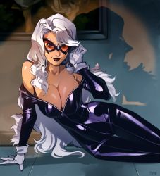 Rule 34 | 1girl, adjusting hair, animification, bare shoulders, black bodysuit, black cat (marvel), black lips, bodysuit, breasts, cleavage, domino mask, felicia hardy, gloves, highres, indoors, large breasts, lipstick, long hair, looking at viewer, makeup, marvel, mask, on floor, optionaltypo, painting (object), partially unzipped, reclining, shadow, signature, solo, spider-man (series), superhero costume, white gloves, white hair, zipper