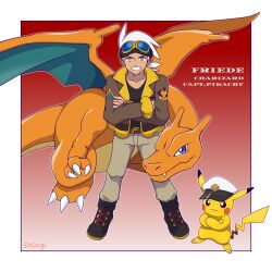 Rule 34 | 1boy, belt, belt buckle, black shirt, boots, border, brown jacket, buckle, captain pikachu, character name, charizard, commentary request, creatures (company), crossed arms, friede (pokemon), fur-trimmed jacket, fur trim, game freak, gen 1 pokemon, goggles, goggles on head, grin, highres, jacket, legs apart, long hair, long sleeves, male focus, nintendo, open clothes, open jacket, pants, pikachu, pokemon, pokemon (anime), pokemon (creature), pokemon horizons, shiogi (riza 49), shirt, signature, smile, standing, teeth, white border, white hair, yellow eyes
