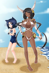 Rule 34 | 2girls, animal ears, beach, black hair, blue eyes, blue hair, breast envy, breasts, cleavage, dark skin, dark-skinned female, day, closed eyes, fingerless gloves, flat chest, gloves, hand on own hip, highres, horns, houjou ujinao, huge breasts, joints, katana, kyoukaisenjou no horizon, large breasts, long hair, looking at breasts, multiple girls, name tag, one-piece swimsuit, pigeon-toed, robot joints, satomi yoshiyasu, school swimsuit, sheath, sheathed, shirogane (cufsser), short hair, swimsuit, sword, weapon