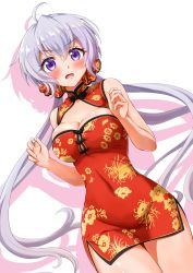 Rule 34 | 1girl, ahoge, bare shoulders, blush, breasts, china dress, chinese clothes, cleavage, collarbone, colored shadow, covered navel, dress, floral print, highres, kojirou (kojiou3), large breasts, long hair, looking at viewer, open mouth, purple eyes, red dress, senki zesshou symphogear, shadow, short dress, simple background, solo, standing, twintails, white background, white hair, yukine chris