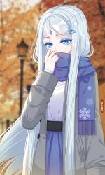 Rule 34 | 1girl, absurdres, adjusting scarf, artist name, autumn, autumn leaves, blue eyes, blue scarf, blue sky, blurry, blurry background, coat, covered mouth, enpera, grey coat, grey hair, han bingjing, hand up, head down, highres, kumu zaisheng, lamppost, long hair, maple tree, parted bangs, scarf, sky, solo, tree, upper body, very long hair, ye luoli
