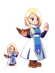 Rule 34 | 1girl, amulet, blonde hair, blue sleeves, book, brown footwear, closed mouth, cross, dress, forehead, from side, full body, holding, holding book, jewelry, long skirt, necklace, nun, original, parted bangs, pixelflag, priest, profile, short hair, skirt, stop (gesture), traditional nun, white dress