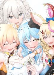 Rule 34 | 4girls, :d, ahoge, animal ear fluff, animal ears, bare shoulders, black hair, blonde hair, blue hair, bow, braid, closed eyes, crying, crying with eyes open, facial mark, flower, fox ears, fox girl, grey eyes, grey hair, hair between eyes, hair bun, hair flower, hair ornament, hair over shoulder, hairclip, hand on another&#039;s head, heart, heart ahoge, higawari teishoku, highres, holding, holding flower, hololive, hug, lion ears, lion girl, long hair, long sleeves, looking at another, momosuzu nene, multicolored hair, multiple girls, omaru polka, omaru polka (1st costume), one eye closed, open mouth, orange shirt, pink hair, playing card theme, red bow, shirt, shishiro botan, side braid, sleeveless, sleeves past fingers, sleeves past wrists, smile, streaked hair, tears, upper body, very long hair, virtual youtuber, white flower, white headwear, white shirt, yellow eyes, yukihana lamy