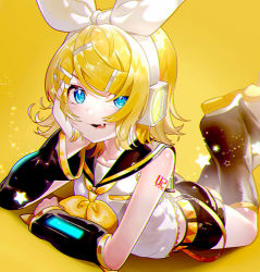Rule 34 | 1girl, bare shoulders, belt, black collar, black shorts, black sleeves, blonde hair, blue eyes, bow, collar, commentary, crop top, detached sleeves, fang, hair bow, hair ornament, hairclip, head rest, headphones, kagamine rin, leg warmers, legs up, looking at viewer, lying, neckerchief, on stomach, open mouth, sailor collar, sawashi (ur-sawasi), school uniform, shirt, short hair, short shorts, short sleeves, shorts, shoulder tattoo, sleeveless, sleeveless shirt, smile, solo, swept bangs, symbol-only commentary, tattoo, vocaloid, white bow, white shirt, yellow background, yellow neckerchief