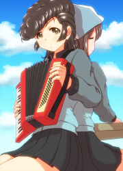 Rule 34 | 2girls, accordion, back-to-back, black skirt, blue hat, blue jacket, blue sky, brown eyes, brown hair, closed eyes, cloud, cloudy sky, commentary request, day, girls und panzer, hat, highres, holding, holding instrument, instrument, ishitsu tadashi, jacket, kantele, keizoku military uniform, light frown, long hair, long sleeves, looking at viewer, mika (girls und panzer), military uniform, miniskirt, multiple girls, music, outdoors, partial commentary, playing instrument, pleated skirt, pompadour, raglan sleeves, sitting, skirt, sky, track jacket, tulip hat, uniform, yuri (girls und panzer)