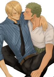 Rule 34 | 2boys, 72ki, arm around neck, belt, black necktie, black pants, blonde hair, blue eyes, blue shirt, blush, brown belt, closed mouth, earrings, eye contact, facial hair, green hair, hair over one eye, highres, implied yaoi, jewelry, looking at another, male focus, multiple boys, necktie, on floor, one piece, pants, roronoa zoro, sanji (one piece), shirt, short hair, sitting, sitting on person, smile, striped clothes, striped shirt, white background, white shirt, yaoi