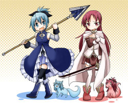 Rule 34 | 2girls, animalization, blue eyes, blue hair, boots, cape, cosplay, costume switch, hair ribbon, kyubey, left-handed, long hair, looking at viewer, mahou shoujo madoka magica, mahou shoujo madoka magica (anime), miki sayaka, miki sayaka (cosplay), multiple girls, open mouth, polearm, ponytail, red eyes, red hair, ribbon, sakura kyoko (cosplay), sakura kyoko, shiki n, short hair, skirt, smile, spear, sword, thighhighs, weapon