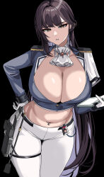 Rule 34 | 1girl, black background, breasts, brown eyes, cleavage, commentary request, gloves, goddess of victory: nikke, hella p, highres, holding, korean commentary, large breasts, long hair, long sleeves, looking at viewer, marciana (nikke), navel, navel piercing, pants, parted lips, piercing, simple background, solo, thigh strap, thighs, white gloves, white pants
