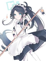 Rule 34 | 1girl, aris (blue archive), aris (maid) (blue archive), black hair, blue archive, blue eyes, broom, closed mouth, halo, haru (eharuru 32), highres, holding, holding broom, long hair, looking at viewer, maid, maid headdress, official alternate costume, pantyhose, ponytail, short sleeves, simple background, smile, solo, very long hair, white background, white pantyhose