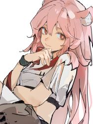 Rule 34 | 1girl, animal ears, arknights, bright pupils, brown eyes, closed mouth, crop top, cropped shirt, gravel (arknights), hair between eyes, hand on own chin, hand up, highres, infection monitor (arknights), long hair, looking to the side, pink hair, shirt, short sleeves, sia di gou, simple background, sitting, sketch, smile, solo, split mouth, upper body, white background, white pupils, white shirt