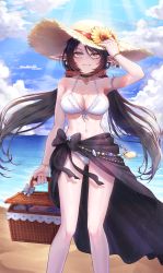 Rule 34 | 1girl, absurdres, adele (maplestory), alternate costume, arm at side, arm up, bare shoulders, basket, beach, bikini, black hair, bracelet, breasts, choker, cleavage, closed mouth, cloud, collarbone, diffraction spikes, feet out of frame, flower, hair ornament, hair scrunchie, hand on headwear, hat, hat flower, highres, holding, holding basket, jewelry, kokukyukeo, lips, long hair, maplestory, mole, mole on breast, navel, ocean, outdoors, picnic basket, pointy ears, sand, sarong, scrunchie, smile, standing, straw hat, sunflower, sunlight, swimsuit, twintails, water, white bikini, yellow eyes