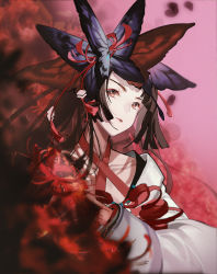 Rule 34 | 1girl, black hair, chuanxianbei, closed mouth, commentary request, floral print, flower, hair flower, hair ornament, higanbana (onmyoji), highres, holding, japanese clothes, kimono, long hair, long sleeves, onmyoji, onmyouji, red eyes, solo, spider lily, spider lily print, very long hair, wide sleeves
