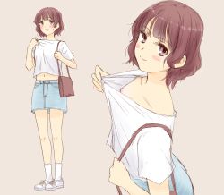 Rule 34 | 1girl, bag, blush, breasts, brown background, brown eyes, brown hair, closed mouth, clothes pull, collarbone, commentary request, denim, denim skirt, highres, looking at viewer, multiple views, nipples, open mouth, original, pulled by self, shirt, shirt pull, short hair, short sleeves, shoulder bag, simple background, skirt, small breasts, smile, socks, standing, sweat, t-shirt, takahashi mugi, white footwear, white legwear, white shirt
