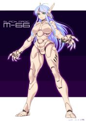Rule 34 | 1girl, ahoge, android, black magic m-66, blue hair, breasts, claws, copyright name, full body, green eyes, highres, joints, large breasts, long hair, looking at viewer, m-66, michi kuso, robot joints, solo, standing