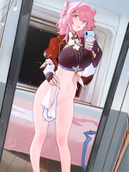 Rule 34 | 1girl, :d, black gloves, black shirt, bottomless, breasts, cellphone, crop top, distr, feet out of frame, fingerless gloves, gloves, groin, highres, holding, holding phone, honkai: star rail, honkai (series), indoors, large breasts, long sleeves, looking at viewer, march 7th (honkai: star rail), march 7th (hunt) (honkai: star rail), medium hair, navel, official alternate costume, official alternate hairstyle, open mouth, phone, pink hair, purple eyes, shirt, smartphone, smile, solo, standing, stomach