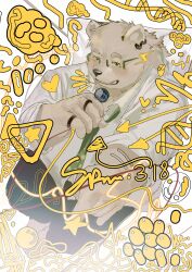 ! 1boy absurdres animal_ears arrow_(symbol) bear bear_boy bear_ears black_pants chinese_commentary commentary_request earrings furry furry_male glasses green_necktie heart highres holding holding_microphone jewelry lab_coat leib_(housamo) lightning_bolt_symbol looking_at_viewer male_focus microphone mixed-language_commentary multiple_rings necktie numbered open_mouth pants polar_bear ponytail ring scribble star_(symbol) tokyo_houkago_summoners white_fur white_hair xinnainai