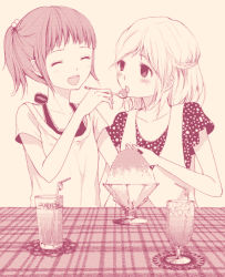 Rule 34 | 2girls, :d, :o, ^ ^, bad id, bad pixiv id, blush, closed eyes, drinking straw, food, glass, hair bobbles, hair ornament, holding, holding spoon, momono, monochrome, multiple girls, open mouth, original, pink theme, ponytail, shaved ice, smile, spoon, white background, yuri