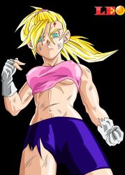 Rule 34 | 1girl, absurdres, artist request, asymmetrical bangs, black background, blonde hair, blood, bra (dragon ball), bra (dragon ball multiverse), breasts, cowboy shot, dragon ball, dragon ball multiverse, facing viewer, gloves, green eyes, high ponytail, highres, injury, long hair, looking at viewer, midriff, nipples, shorts, simple background, solo, standing, super saiyan, tagme, torn clothes, white gloves