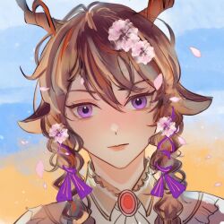 Rule 34 | animal ears, arknights, beach, blue sky, braid, brown hair, character request, check character, closed mouth, collared shirt, commentary request, day, ebenholz (arknights), flower, hair between eyes, hair flower, hair ornament, hair ribbon, highres, honeywilde, horns, long hair, looking at viewer, outdoors, petals, pink flower, portrait, purple eyes, purple ribbon, ribbon, sand, shirt, sky, smile, solo, twin braids, upper body, water, white shirt