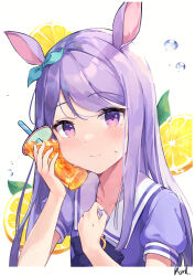 Rule 34 | 1girl, absurdres, animal ears, blush, bow, bowtie, commentary request, cup, disposable cup, ear ribbon, food, fruit, highres, holding, holding cup, horse ears, horse girl, horseshoe ornament, lemon, long hair, looking at viewer, mejiro mcqueen (umamusume), mr arme, partial commentary, puffy short sleeves, puffy sleeves, purple bow, purple bowtie, purple eyes, purple hair, purple serafuku, purple shirt, sailor collar, sailor shirt, school uniform, serafuku, shirt, short sleeves, smile, solo, swept bangs, tracen school uniform, umamusume, upper body